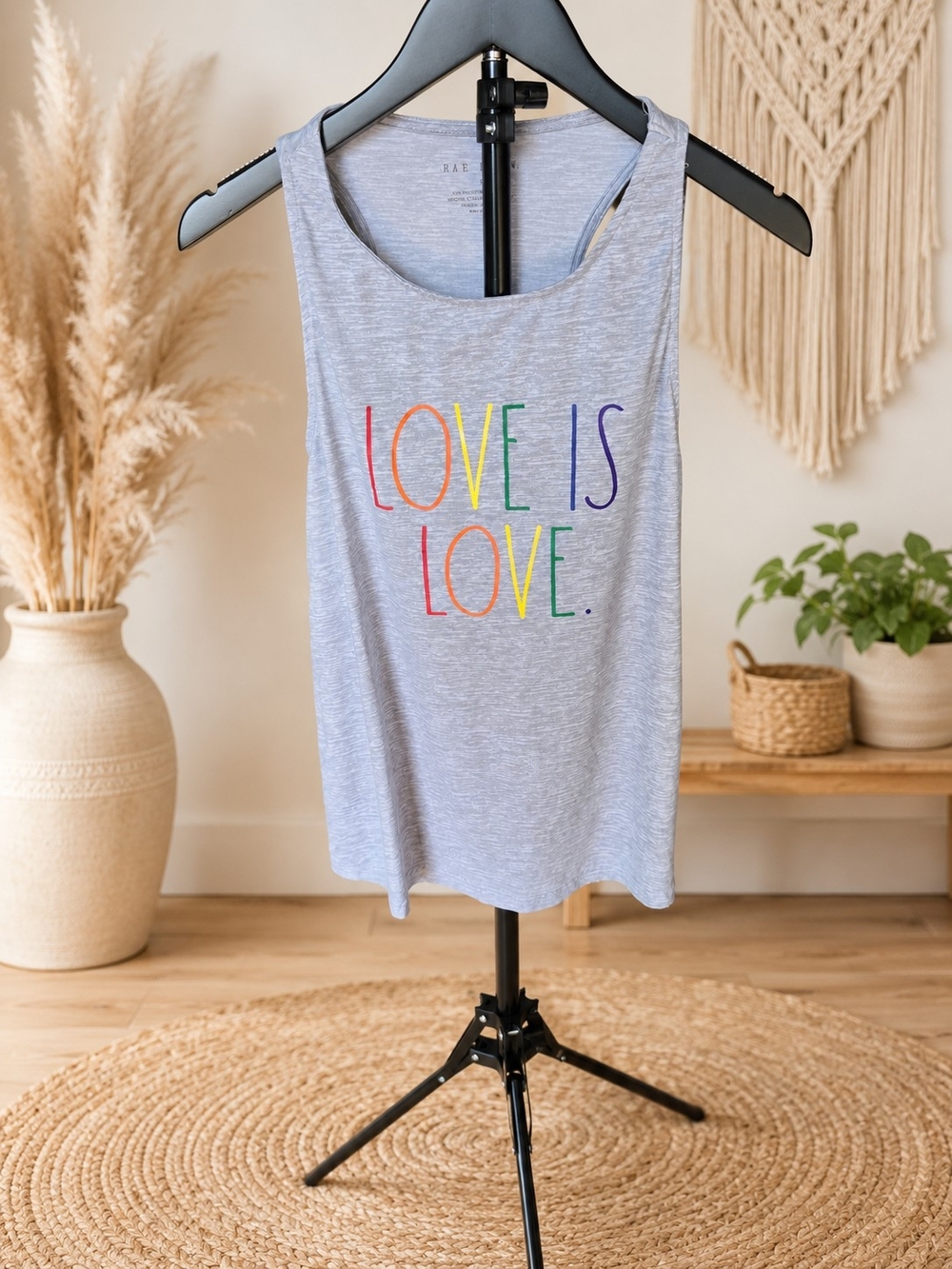 Rae Dunn Light Gray Tank Top with Rainbow "LOVE IS LOVE" Print